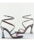 Zilverkleurige sandalen met hoge hak van aubergine - hak van 10 cm