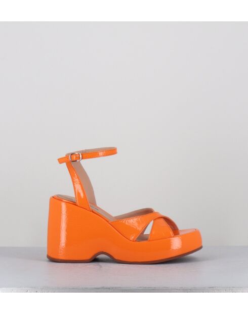 Sandalias con cuña de piel naranja - Tacón de 9,5 cm
