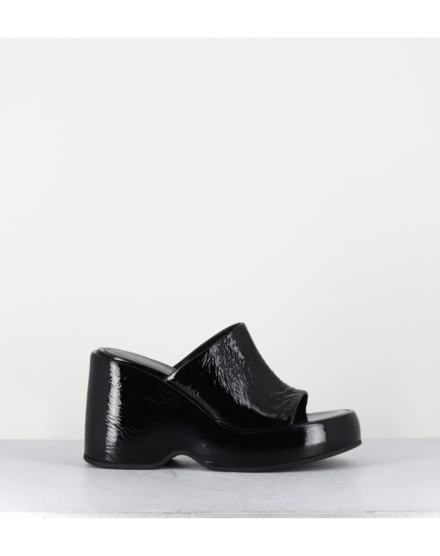 Sandalias con cuña de piel negra, tacón de 9,5 cm