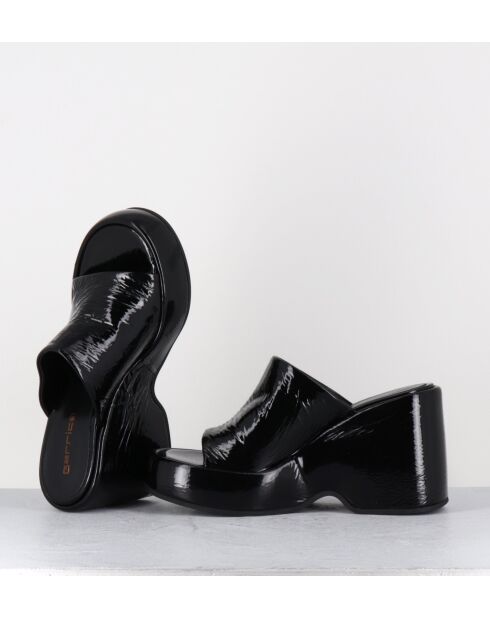 Sandalias con cuña de piel negra, tacón de 9,5 cm