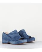 Sandalias con cuña Mules en piel vaquera lavada, tacón de 9,5 cm