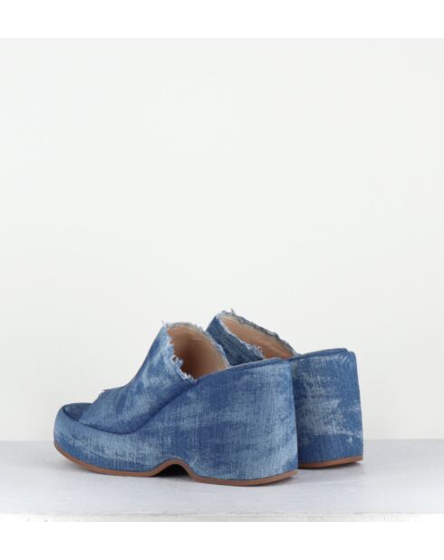 Sandalias con cuña Mules en piel vaquera lavada, tacón de 9,5 cm