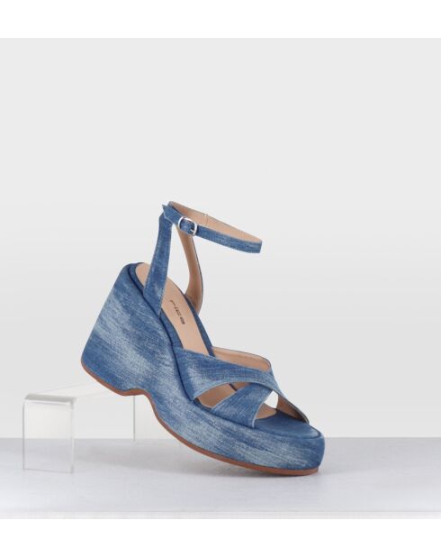 Sandalias con cuña de piel vaquera lavada, tacón de 9,5 cm