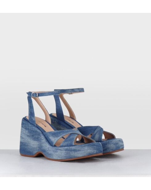 Sandalias con cuña de piel vaquera lavada, tacón de 9,5 cm