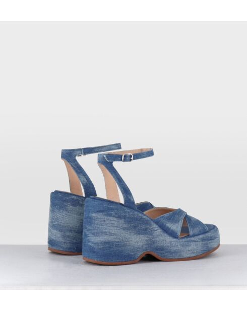 Sandalias con cuña de piel vaquera lavada, tacón de 9,5 cm