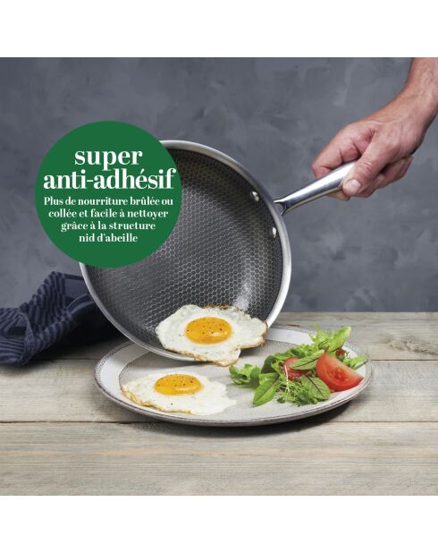 Wok Multinox Pro trois couches structure nid d’abeille - 30 cm