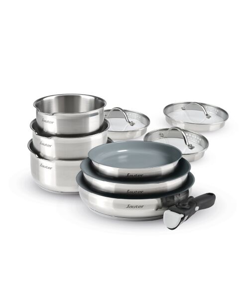 Batterie empilable anti-adhésive Ceramic avec poignée amovible 10 pièces argenté - 16 + 18 + 20 cm + 20 + 24 + 26 cm