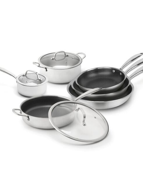 Batterie de cuisine en acier inoxydable triply 9 pièces argenté -20 + 24 + 28 + 16 + 22 + 24 cm