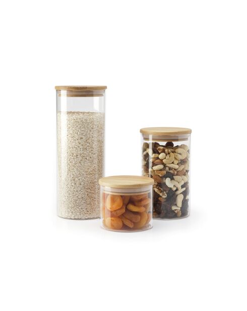 Set de 3 bocaux en verre avec couvercle en bambou – transparent -0.5l +1l+1.5l