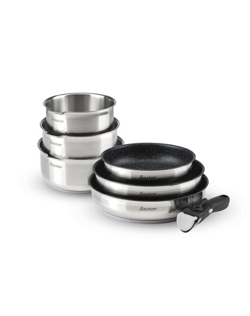 Batterie de cuisine en acier inoxydable 7 pièces argenté/noir - 20/24/26 cm + 16/18/20 cm