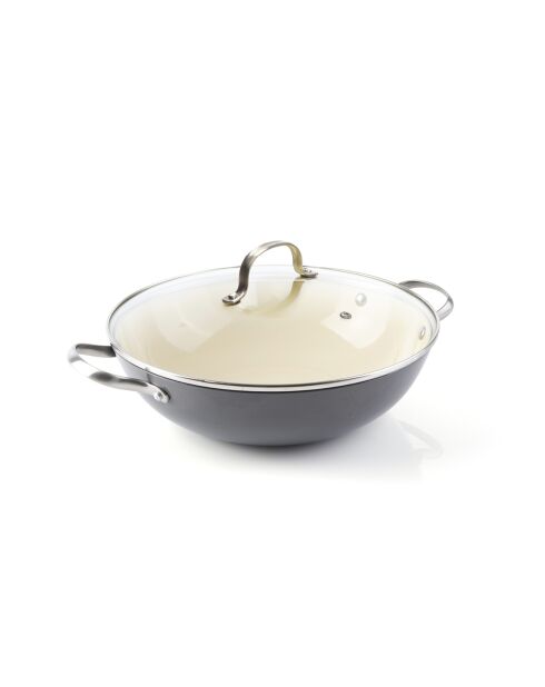 Wok en fonte émaillée avec couvercle en verre - 30 cm