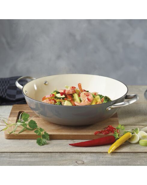Wok en fonte émaillée avec couvercle en verre - 30 cm