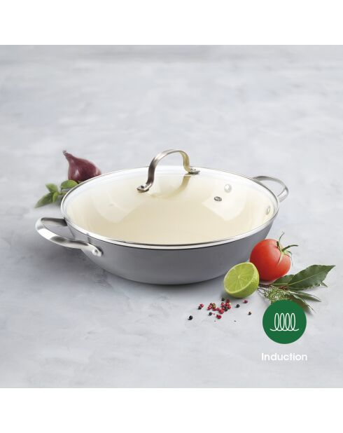 Wok en fonte émaillée avec couvercle en verre - 30 cm