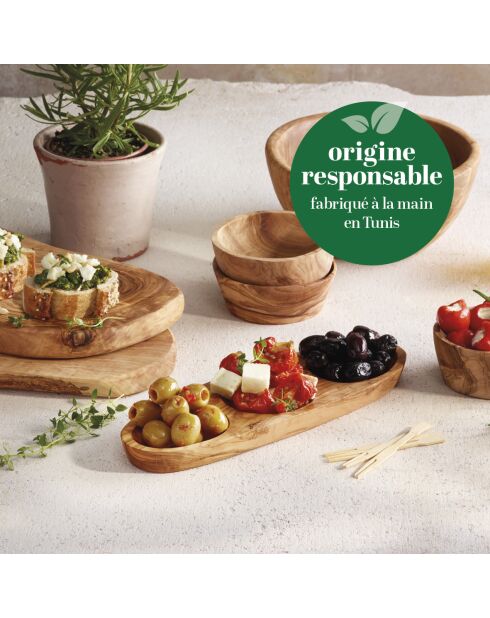 Piatto a tre pezzi in legno d'ulivo fatto a mano -25,5x8,5x2 cm