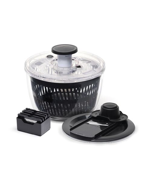 Centrifugadora de ensalada con 6 cuchillas para desmenuzar y cortar en rodajas negras, 26,5 x 16,5 cm