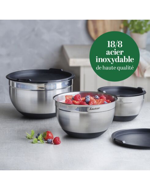 Juego de 3 cuencos de acero inoxidable con tapa, 16 + 20 + 24 cm