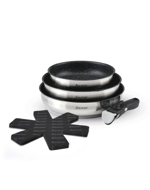 Set de 3 poêles anti-adhésives avec poignée amovible et 3 protège-poêles argenté -20 + 24 + 26 cm + 35 cm