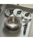 Set de 3 poêles anti-adhésives avec poignée amovible et 3 protège-poêles argenté -20 + 24 + 26 cm + 35 cm