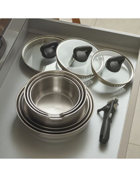 Set de 3 poêles anti-adhésives avec poignée amovible et 3 protège-poêles argenté -20 + 24 + 26 cm + 35 cm