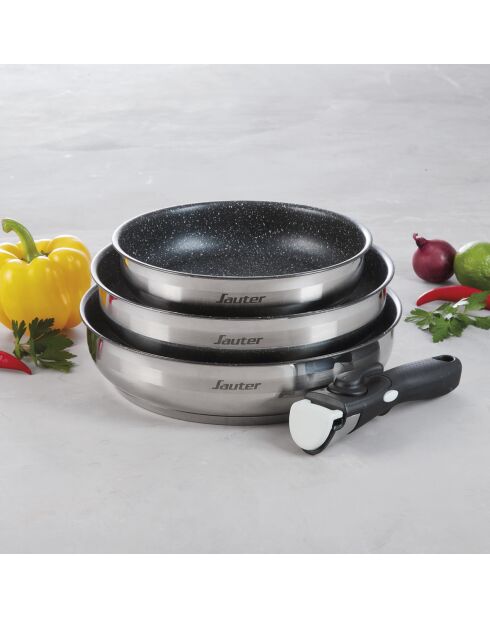 Set de 3 poêles anti-adhésives avec poignée amovible et 3 protège-poêles argenté -20 + 24 + 26 cm + 35 cm