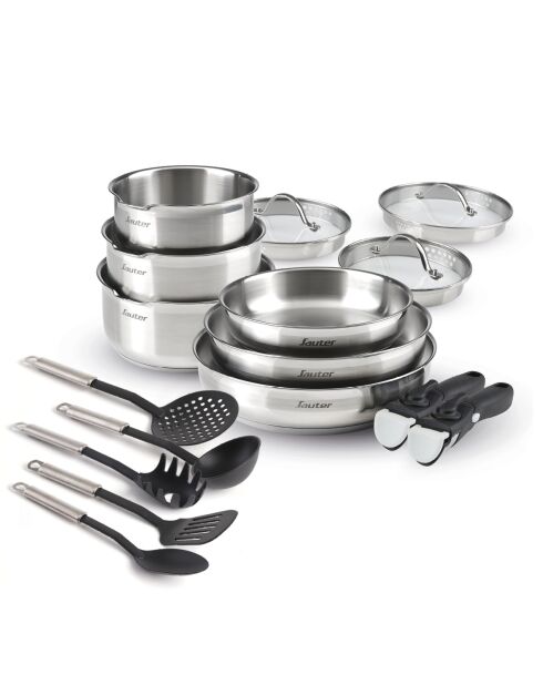 Batterie de cuisine 16 pièces couvercles en acier inoxydable et 5 ustensiles en acier inoxydable 16 / 18 / 20 cm + 20 / 24 / 26 cm + 16 / 18 / 20 cm