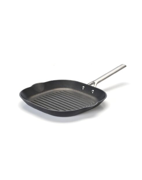 Poêle grill en fonte d'acier noir avec revêtement antiadhésif et poignée en acier inoxydable 28 cm