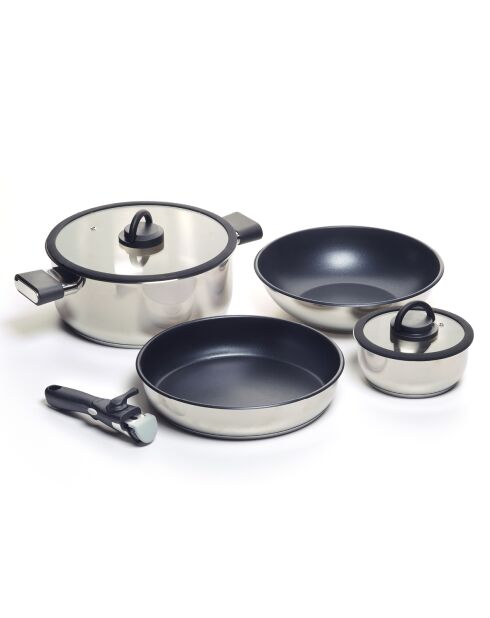 Set empilable Amo en inox avec poignée en bakélite argenté - 16x7 cm + 28x12 cm + 28x6 cm + 28x8.5 cm