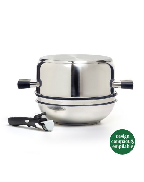 Set empilable Amo en inox avec poignée en bakélite argenté - 16x7 cm + 28x12 cm + 28x6 cm + 28x8.5 cm