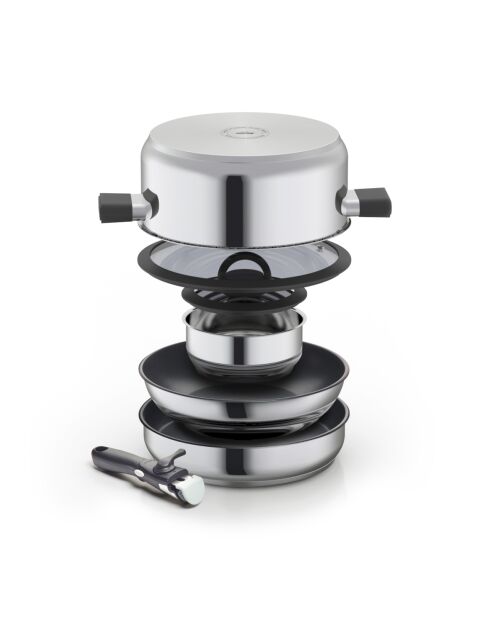 Set empilable Amo en inox avec poignée en bakélite argenté - 16x7 cm + 28x12 cm + 28x6 cm + 28x8.5 cm