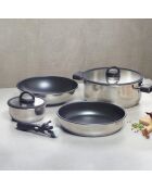 Set empilable Amo en inox avec poignée en bakélite argenté - 16x7 cm + 28x12 cm + 28x6 cm + 28x8.5 cm