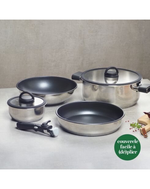 Set empilable Amo en inox avec poignée en bakélite argenté - 16x7 cm + 28x12 cm + 28x6 cm + 28x8.5 cm