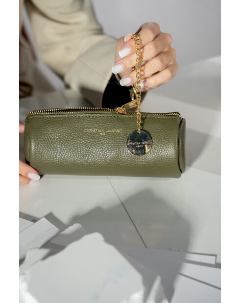 Pochette en cuir Lanae vert olive - 20x10x3 cm