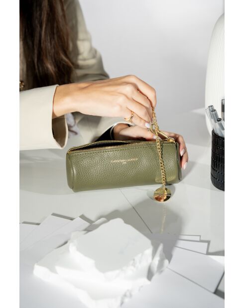 Pochette en cuir Lanae vert olive - 20x10x3 cm