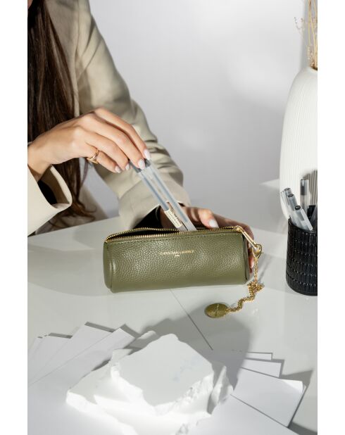 Pochette en cuir Lanae vert olive - 20x10x3 cm