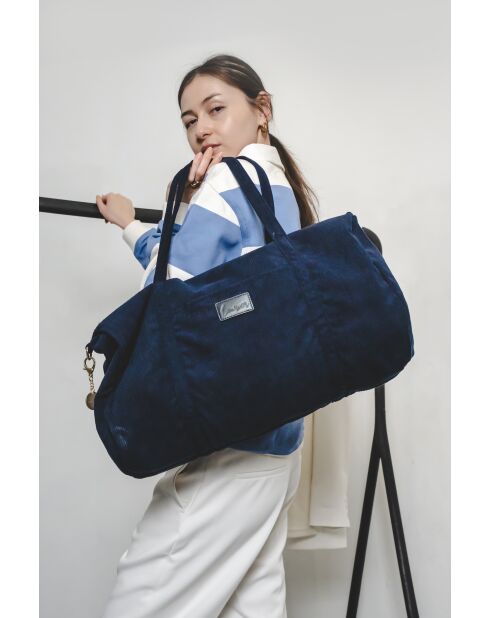 Sac porté épaule en velour Halo bleu marine - 41x22x16 cm