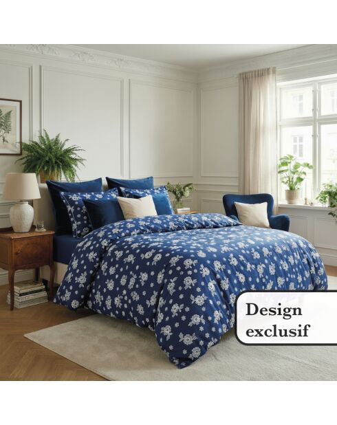Donkerblauw Blossom katoenen satijnen dekbedovertrek + kussensloop - 260x240 cm + 2x (63x63 cm)