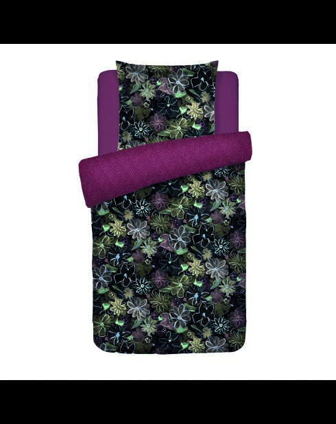 Dekbedovertrek + kussensloop katoen satijn Pastelbloemen Zwart - 140x200 cm + 63x63 cm