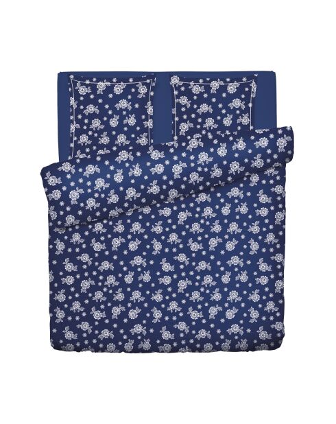 Donkerblauw Blossom katoenen satijnen dekbedovertrek + kussensloop - 240x220 cm + 2x (63x63 cm)