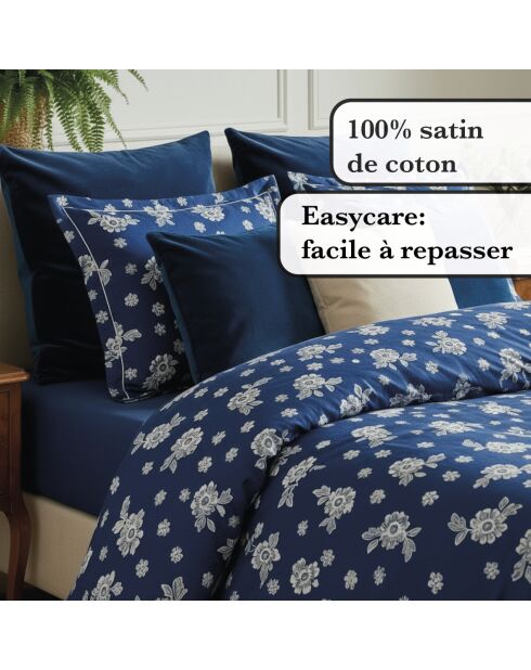 Donkerblauw Blossom katoenen satijnen dekbedovertrek + kussensloop - 240x220 cm + 2x (63x63 cm)