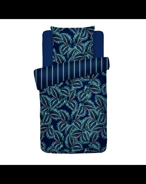 Calathea donkerblauw dekbedovertrek van katoensatijn + kussensloop - 140x200 cm + 63x63 cm