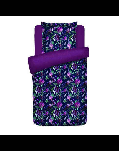 Dekbedovertrek + kussensloop katoensatijn Arty flowers donkerblauw - 140x200 cm + 63x63 cm