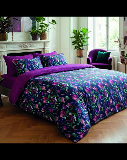 Dekbedovertrek + kussensloop katoensatijn Arty flowers donkerblauw - 140x200 cm + 63x63 cm