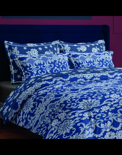 Funda nórdica y funda de almohada con ribetes de algodón satinado azul, 140 x 200 cm + 63 x 63 cm