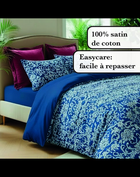 Funda nórdica y funda de almohada con ribetes de algodón satinado azul, 140 x 200 cm + 63 x 63 cm