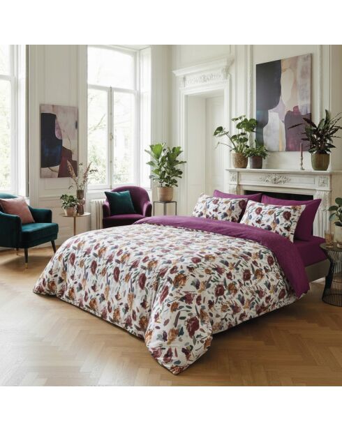 Housse de couette + taie d'oreiller satin de coton Arty flowers blanc - 260x240 cm + 2x(63x63 cm)