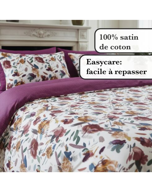 Housse de couette + taie d'oreiller satin de coton Arty flowers blanc - 260x240 cm + 2x(63x63 cm)