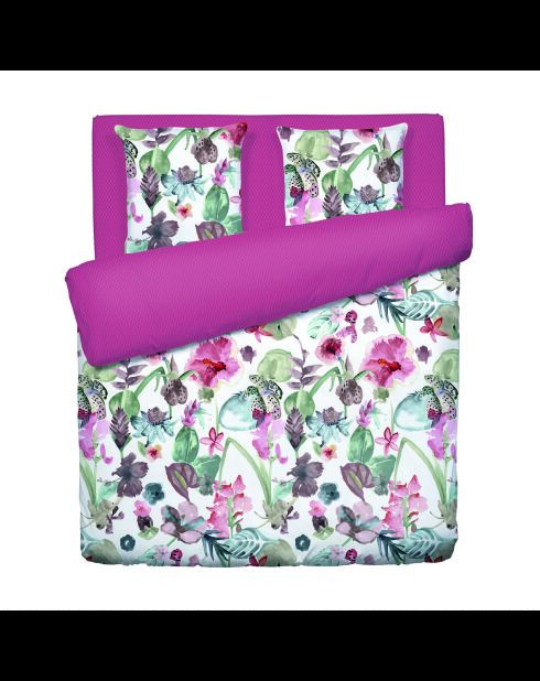 Housse de couette + 2 taies d'oreiller satin de coton Exotique framboise - 260x240 cm + 2x(63x63 cm)