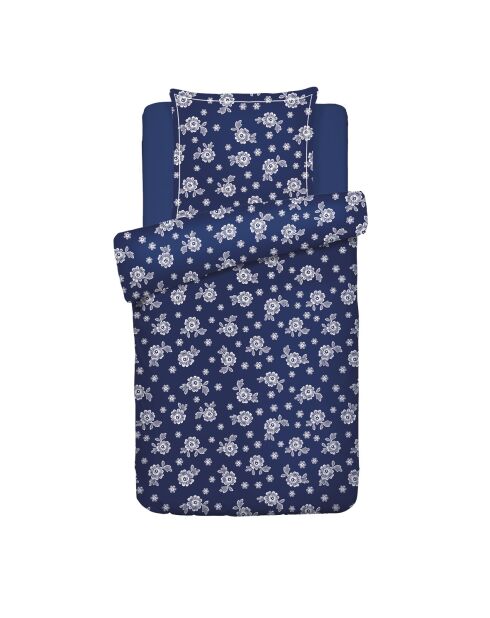 Donkerblauw Blossom katoenen satijnen dekbedovertrek + kussensloop - 140x200 cm + 63x63 cm