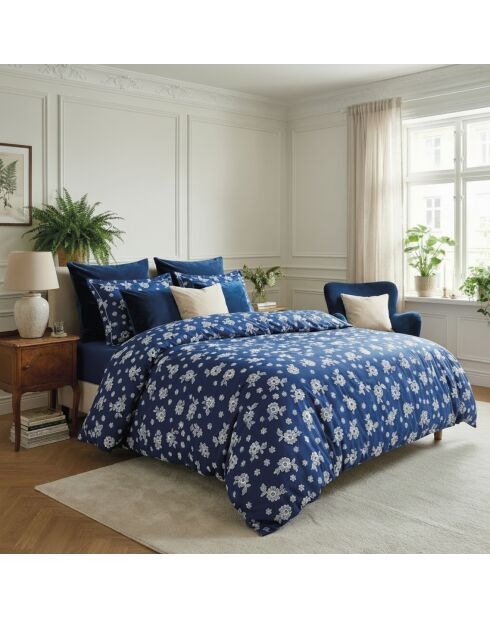 Donkerblauw Blossom katoenen satijnen dekbedovertrek + kussensloop - 140x200 cm + 63x63 cm