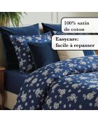 Donkerblauw Blossom katoenen satijnen dekbedovertrek + kussensloop - 140x200 cm + 63x63 cm